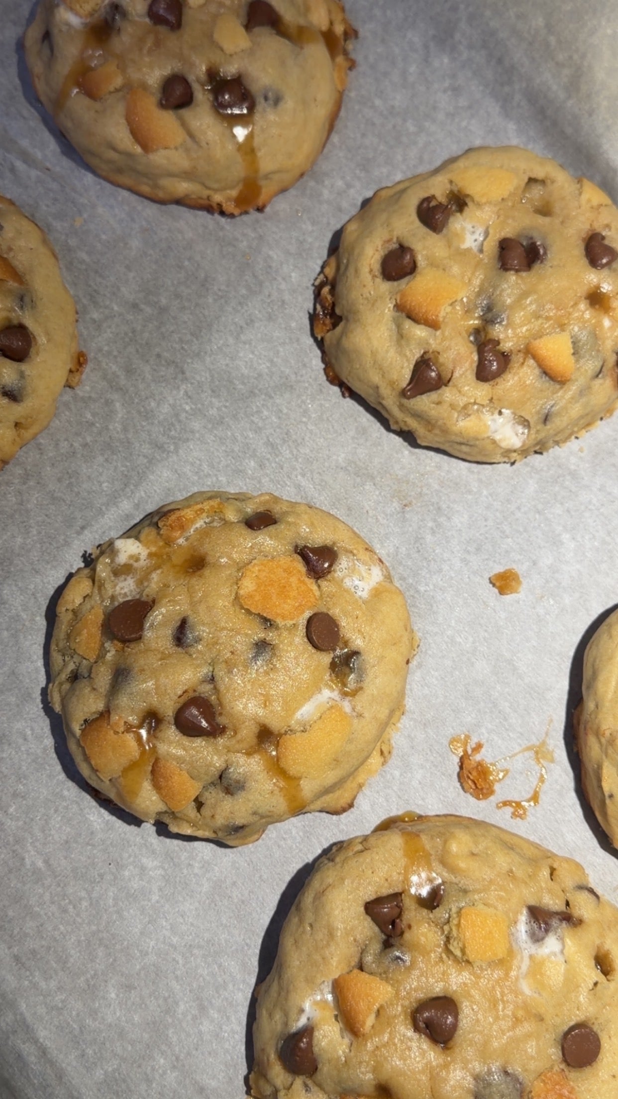 Caramel marshmallow stuffed banana chocolate chip cookie