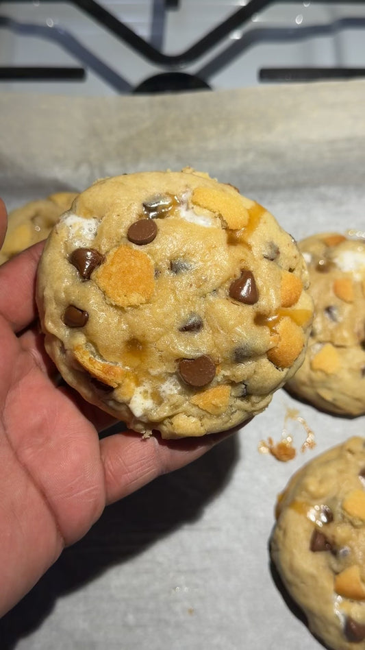Caramel marshmallow stuffed banana chocolate chip cookie