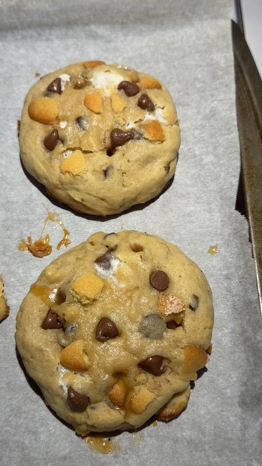 Caramel marshmallow stuffed banana chocolate chip cookie